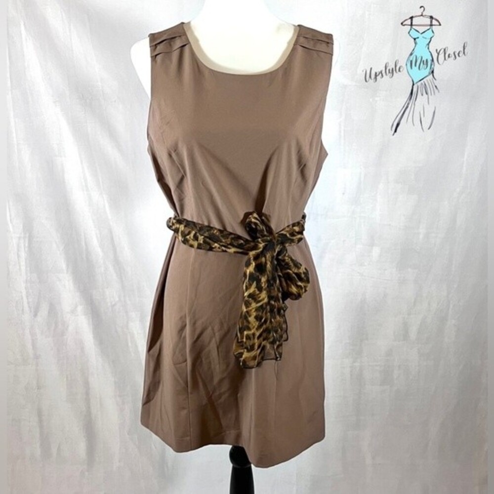 Mocha sheath dress with animal print chiffon scarf belt size large